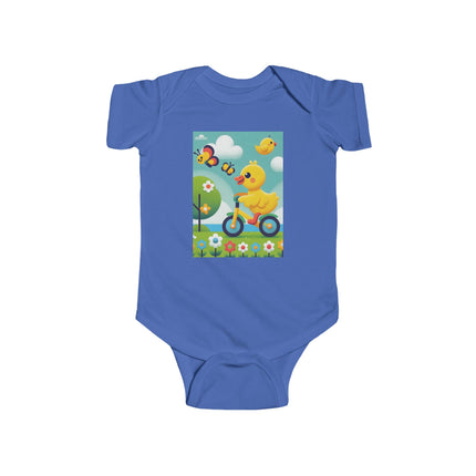 Duckling Riding a Bike Baby Bodysuit – Whimsical Duck Garden Adventure Design