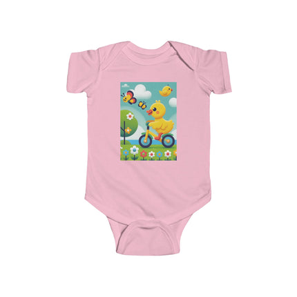 Duckling Riding a Bike Baby Bodysuit – Whimsical Duck Garden Adventure Design