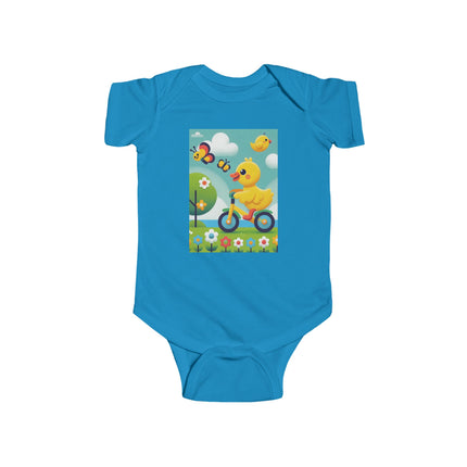 Duckling Riding a Bike Baby Bodysuit – Whimsical Duck Garden Adventure Design
