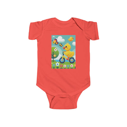 Duckling Riding a Bike Baby Bodysuit – Whimsical Duck Garden Adventure Design
