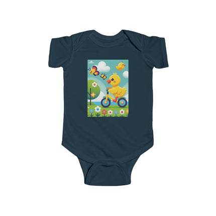 Duckling Riding a Bike Baby Bodysuit – Whimsical Duck Garden Adventure Design