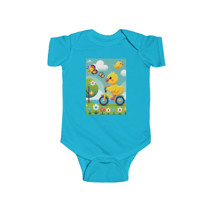 Duckling Riding a Bike Baby Bodysuit – Whimsical Duck Garden Adventure Design