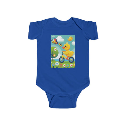 Duckling Riding a Bike Baby Bodysuit – Whimsical Duck Garden Adventure Design