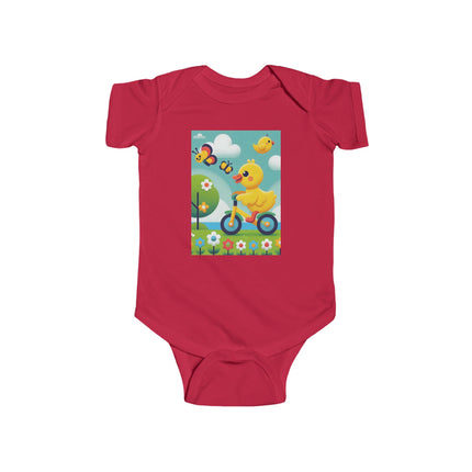 Duckling Riding a Bike Baby Bodysuit – Whimsical Duck Garden Adventure Design