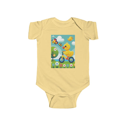 Duckling Riding a Bike Baby Bodysuit – Whimsical Duck Garden Adventure Design