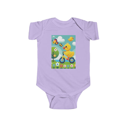 Duckling Riding a Bike Baby Bodysuit – Whimsical Duck Garden Adventure Design