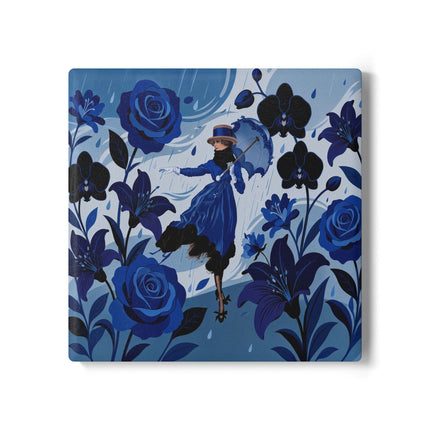 ☔💙 The Blue Rain Promenade Ceramic Coaster – Art Deco Floral Fashion