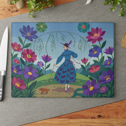 🌸🐕 The Lady Of The Flower Walk Glass Cutting Board – Art Deco Garden Elegance