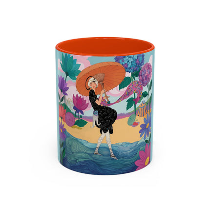 The Lady Of The Coral Parasol Colorful Mugs – Art Deco Coastal Elegance