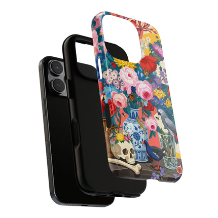Floral Vanitas Phone Case – Parrot & Porcelain Splendor