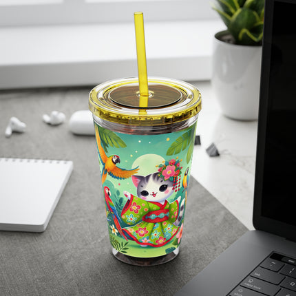Parrot Dance of the Geisha Kitten Sunsplash Tumbler with Straw, 16oz