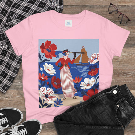 ⚓🌺 The Seaside Flower Adventurer Cotton Tee – Art Deco Nautical Fashion