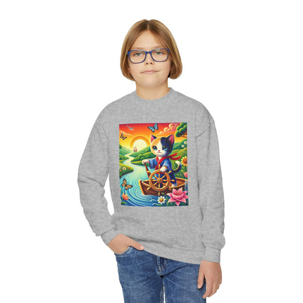 Sailor Kitten’s River Adventure Youth Crewneck Sweatshirt – Exploration, Joy & Storybook Adventure