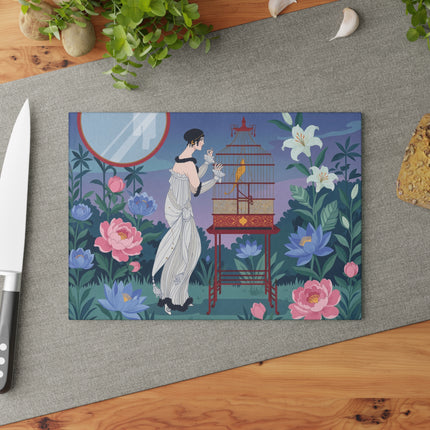 🐦🌸 The Lady Of The Golden Songbird Glass Cutting Board – Art Deco Floral Garden Elegance