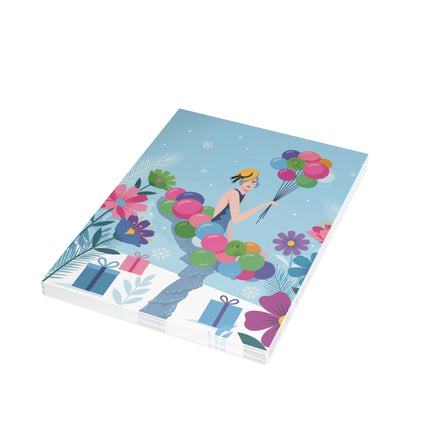 🎈❄️ The Lady Of The Winter Balloons Greeting Card – Art Deco Holiday Whimsy