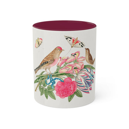 Pair of Brown Birds on Bouquet with Tulip, Rose, Snapdragons, and Butterflies by Anonymous Colorful Mugs, 11oz