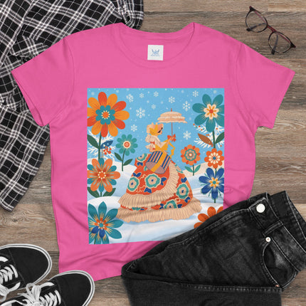 🌼❄️ The Winter Parasol Lady Cotton Tee – Art Deco Floral Fantasy