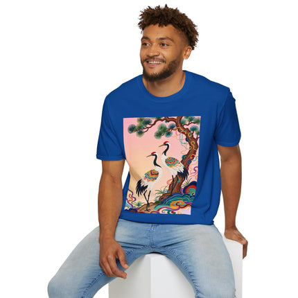 🐦🌸 The Enchanted Crane Garden Softstyle T-Shirt – Oriental Elegance & Colorful Harmony