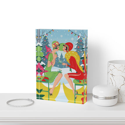☕🎄 Christmas Tea In The Snow Garden Acrylic Art Block – Art Deco Holiday Friendship