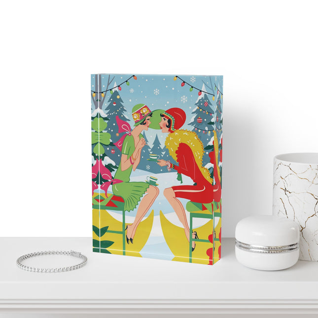 ☕🎄 Christmas Tea In The Snow Garden Acrylic Art Block – Art Deco Holiday Friendship