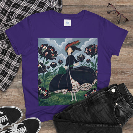 ❤️🌺 The Scarlet Parasol Garden Cotton Tee – Art Deco Floral Elegance