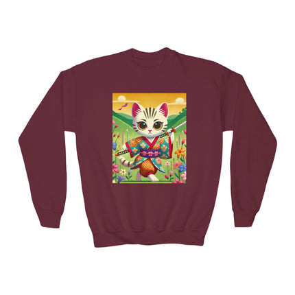 Samurai Kitten Youth Crewneck Sweatshirt – Grace, Discipline & Whimsical Strength