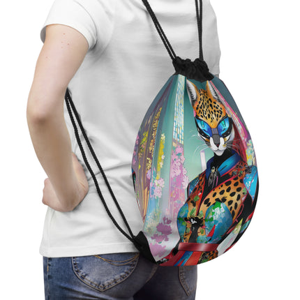 Cyber Cat Glamour Drawstring Bag