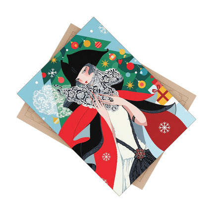 🧣🎄 The Lady Of The Crimson Scarf Ceramic Tile – Art Deco Christmas Elegance
