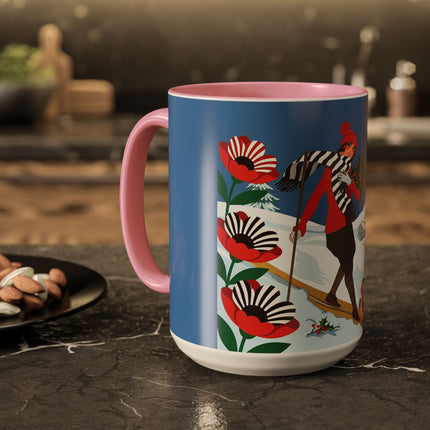 🎿🎄 The Christmas Holly Skier Colorful Mug – Whimsical Holiday Fantasy