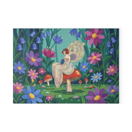 🧚🍄 The Lady Of The Enchanted Mushroom Garden Glass Cutting Board – Art Deco Fairy Garden Fantasy
