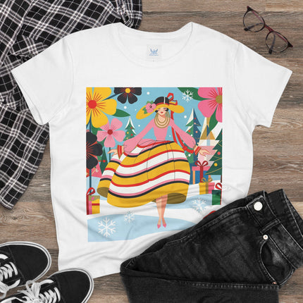 🎄🌸 The Christmas Blossom Belle Cotton Tee – Art Deco Holiday Whimsy