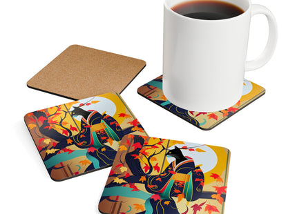 Black Cat in Kimono Corkwood Coaster Set