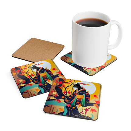 Black Cat in Kimono Corkwood Coaster Set