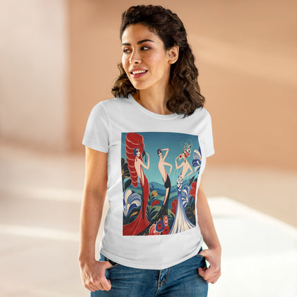 🌹🎭 The Three Ladies Of The Floral Promenade Cotton Tee – Art Deco Fashion Elegance