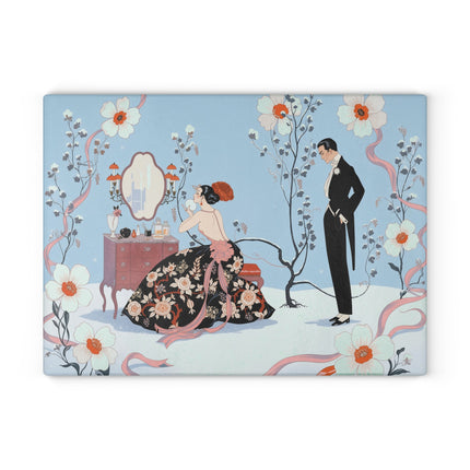 🌸🪞 The Lady At Her Winter Vanity Glass Cutting Board – Art Deco Romantic Elegance