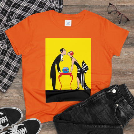 Moment of Elegance: A Passionate Embrace Amidst Golden Splendor Women's Midweight Cotton Tee