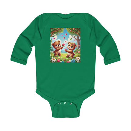 Petals and Paws Baby Long Sleeve Bodysuit – Teddy Bear Garden Friendship Design