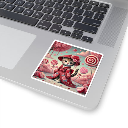 Whimsical Geisha Kitten in a Valentine Garden Kiss-Cut Stickers (4 Sizes)