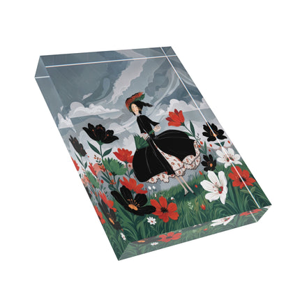 🌧️🌺 The Lady Of The Rainy Flower Meadow Acrylic Art Block – Art Deco Floral Whimsy