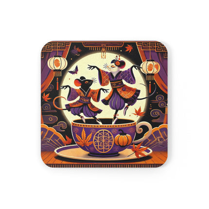 Theatrical Halloween Kabuki Mice on Teacup Cork Back Coaster