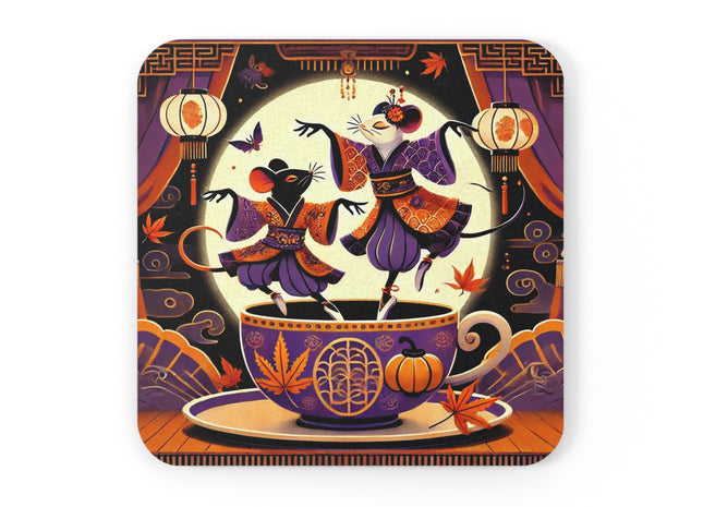 Theatrical Halloween Kabuki Mice on Teacup Cork Back Coaster