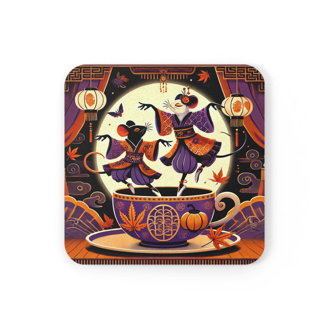 Theatrical Halloween Kabuki Mice on Teacup Cork Back Coaster