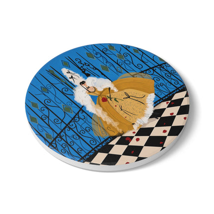 🎭🌹 The Lady At The Masquerade Gates Ceramic Coaster – Art Deco Fashion Illustration