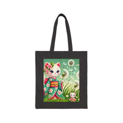 Geisha Kitten and the Dandelion Wish Cotton Canvas Tote Bag – Gentle Wishes & Quiet Wonder