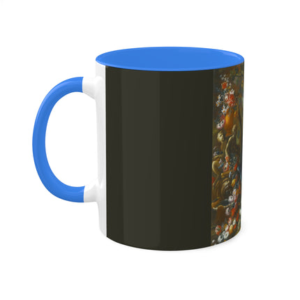 Still Life With Birds Beside An Ornate Fountain by Nicola Casissa Colorful Mugs, 11oz
