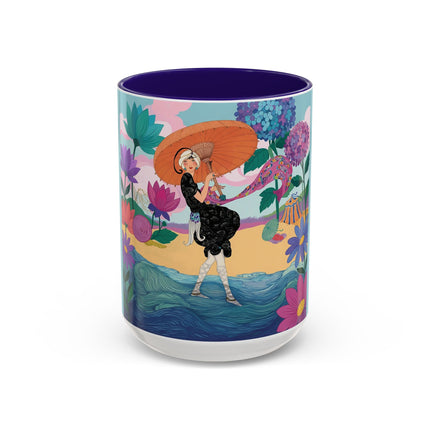 The Lady Of The Coral Parasol Colorful Mugs – Art Deco Coastal Elegance