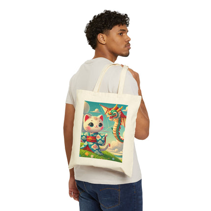 Geisha Kitten and the Dragon Kite Cotton Canvas Tote Bag – Joyful Flight & Dragon Spirit