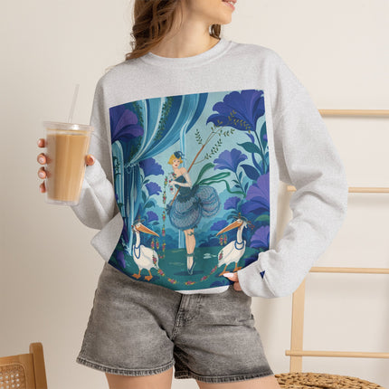 🪶🌺 The Pelican Garden Dance Crewneck Sweatshirt – Art Deco Botanical Whimsy