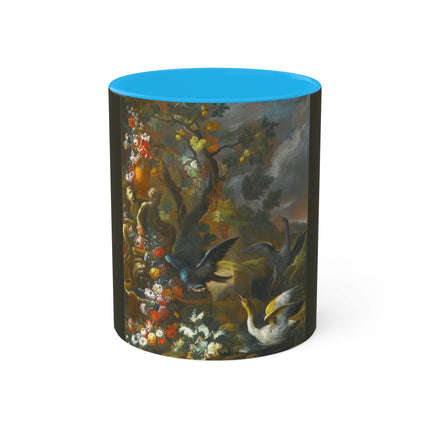 Still Life With Birds Beside An Ornate Fountain by Nicola Casissa Colorful Mugs, 11oz