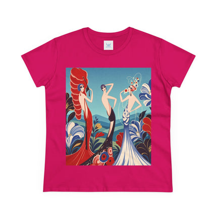 🌹🎭 The Three Ladies Of The Floral Promenade Cotton Tee – Art Deco Fashion Elegance